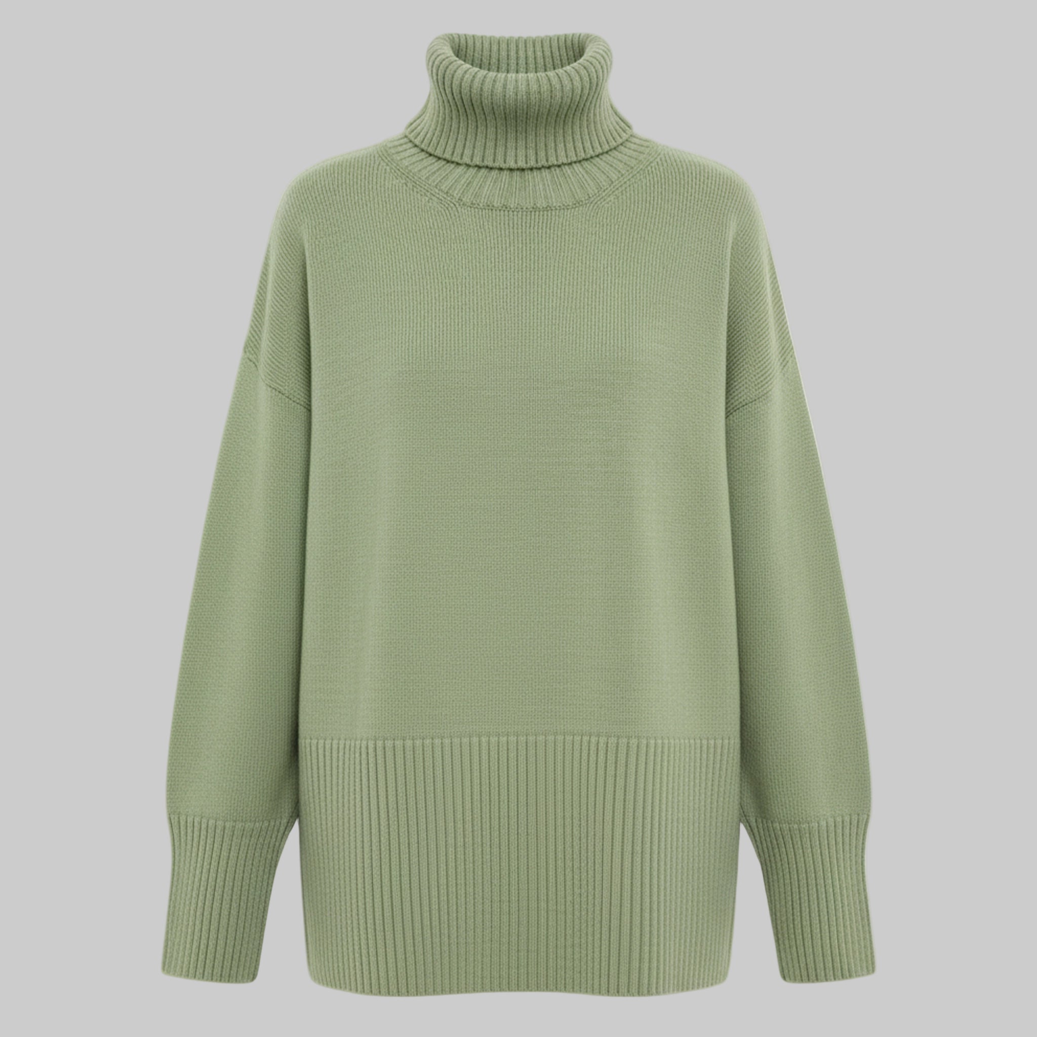 Green turtleneck sweater on a white background