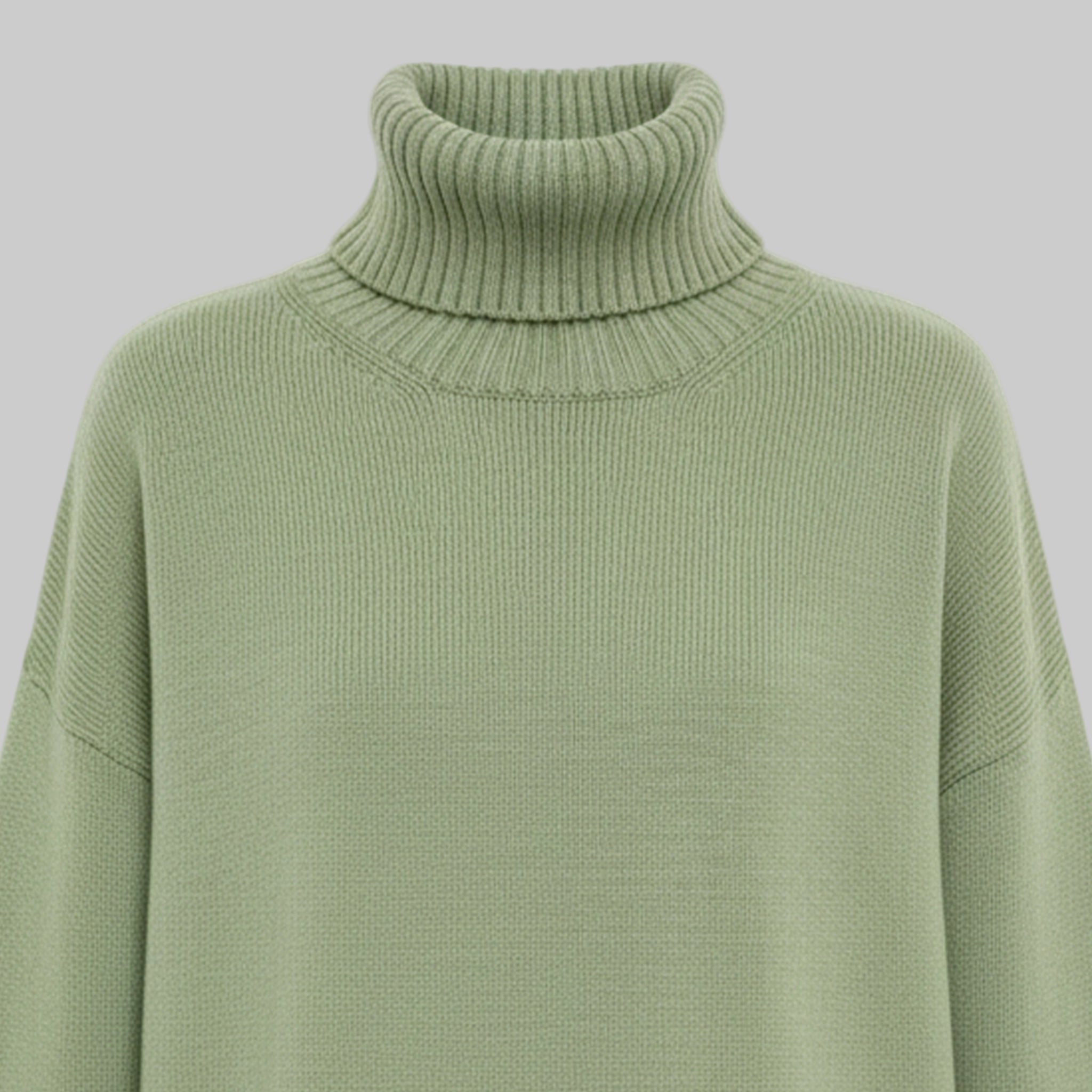 Green turtleneck sweater on a white background