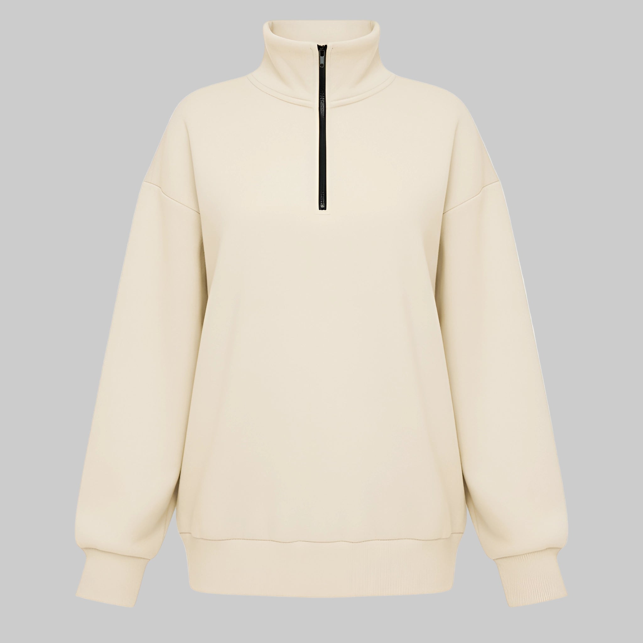 Beige half-zip sweatshirt on a white background