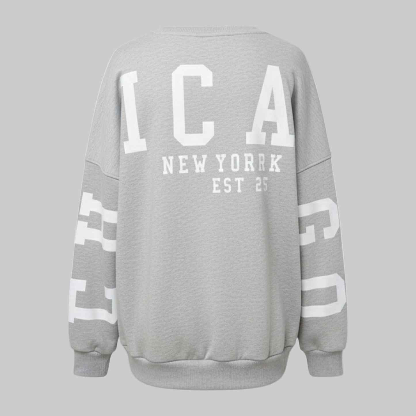 Gray sweatshirt with 'Chicago New York Est. 25' text on a light gray background