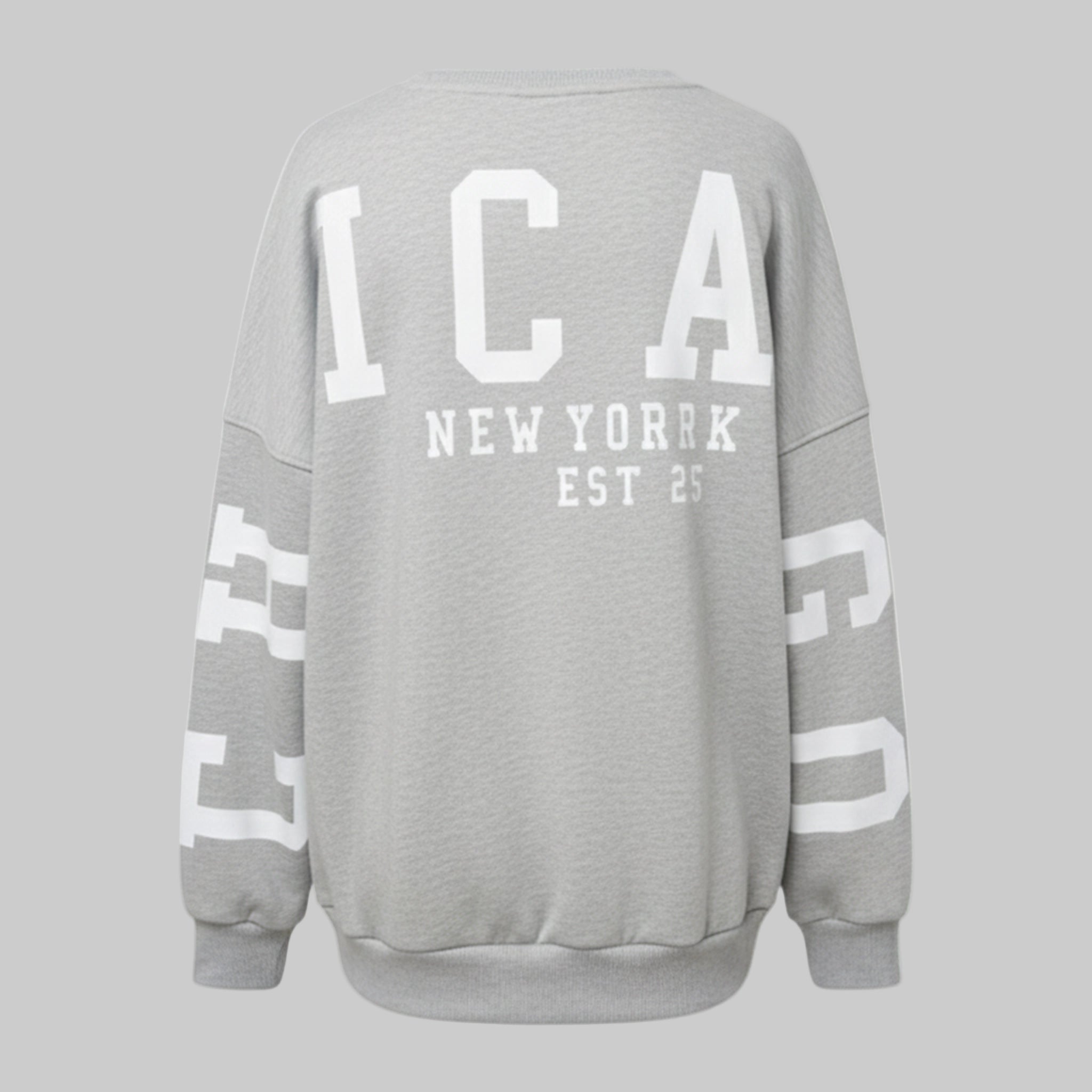 Gray sweatshirt with 'Chicago New York Est. 25' text on a light gray background