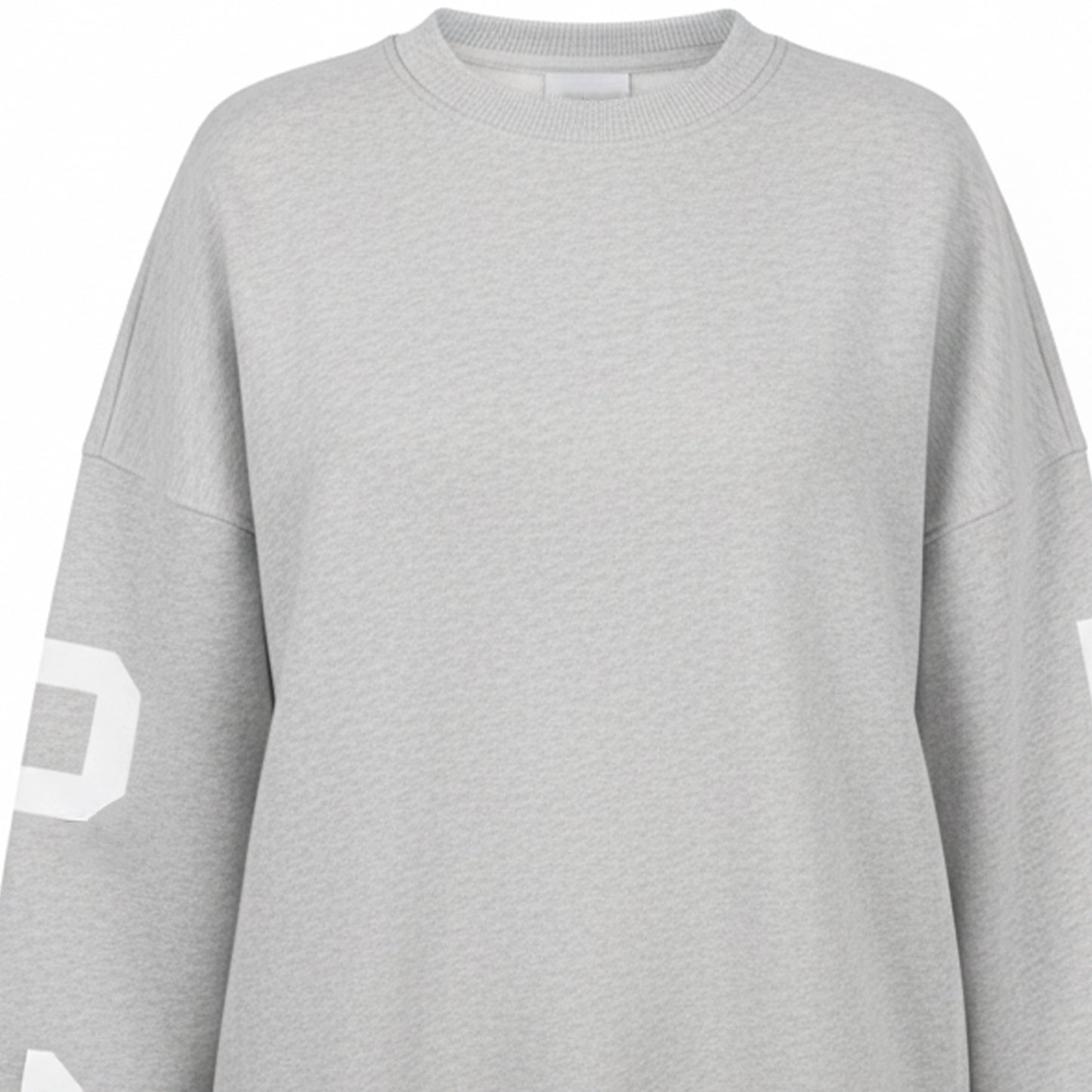 Gray sweatshirt with white lettering on sleeves against a white background