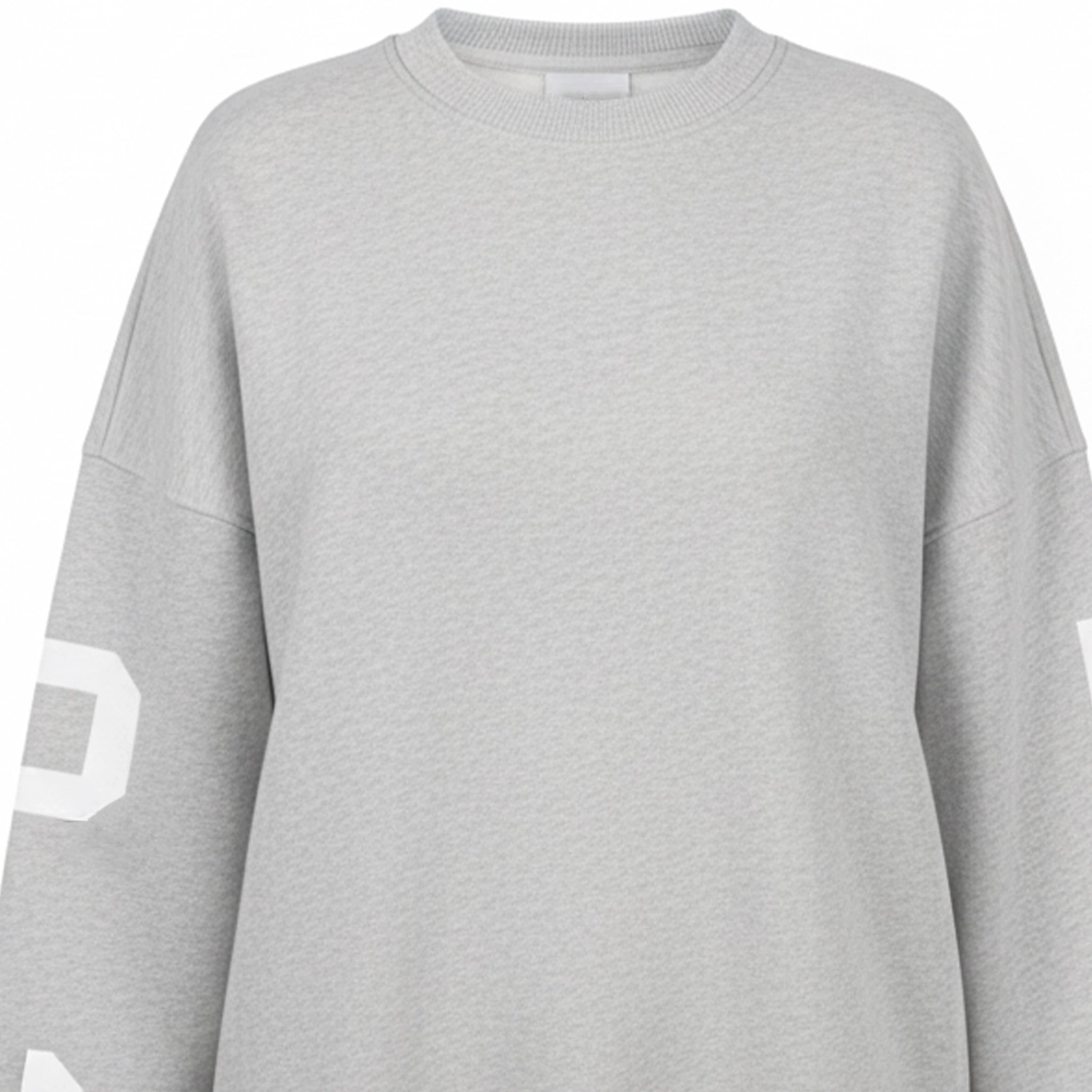 Gray sweatshirt with white lettering on sleeves against a white background