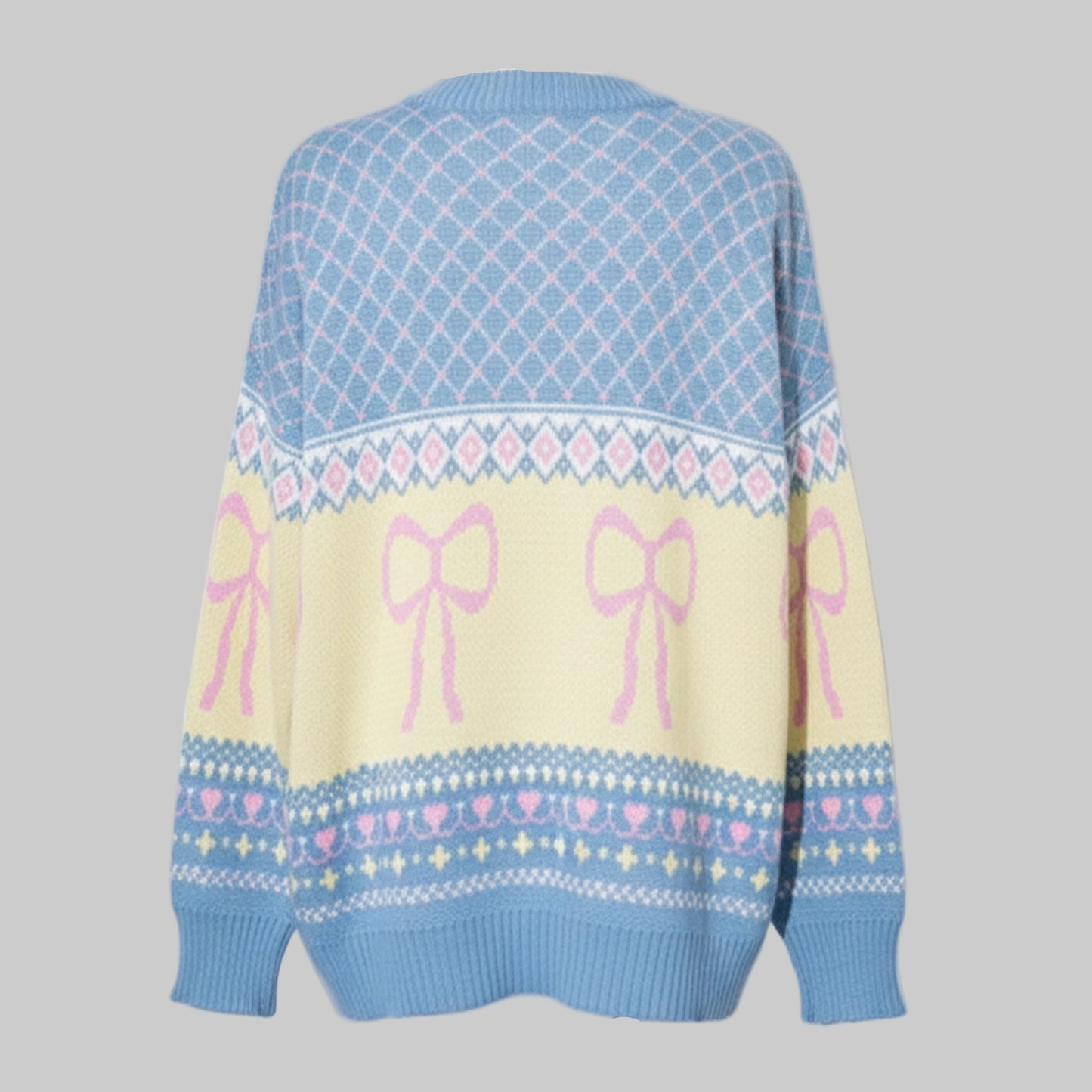 Sweater with pink bows and decorative patterns on a gray background