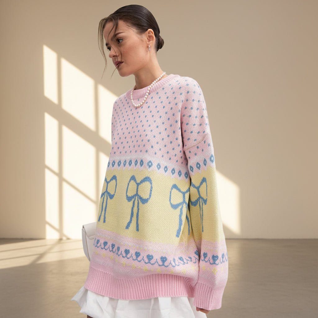Woman wearing a colorful sweater with bow patterns in a softly lit room.