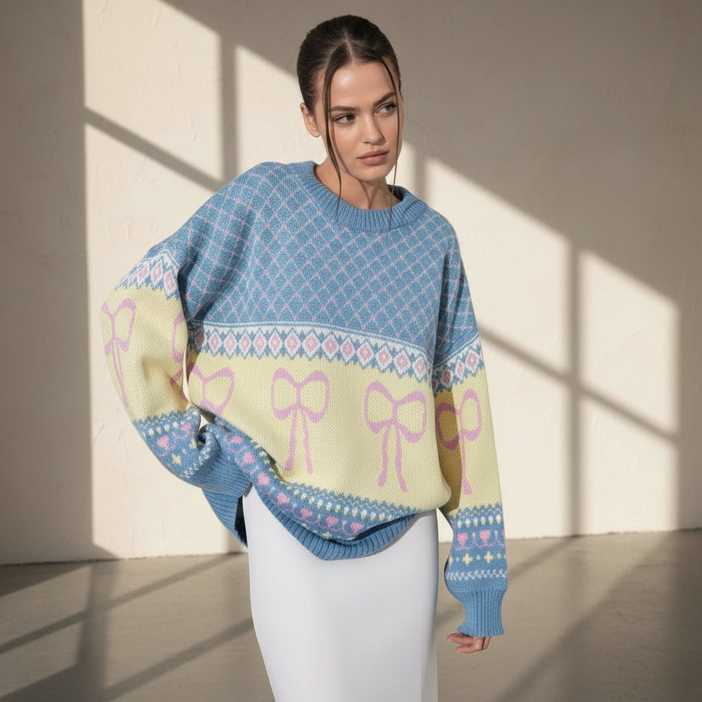 Woman wearing a colorful sweater with patterns and designs in a well-lit room.