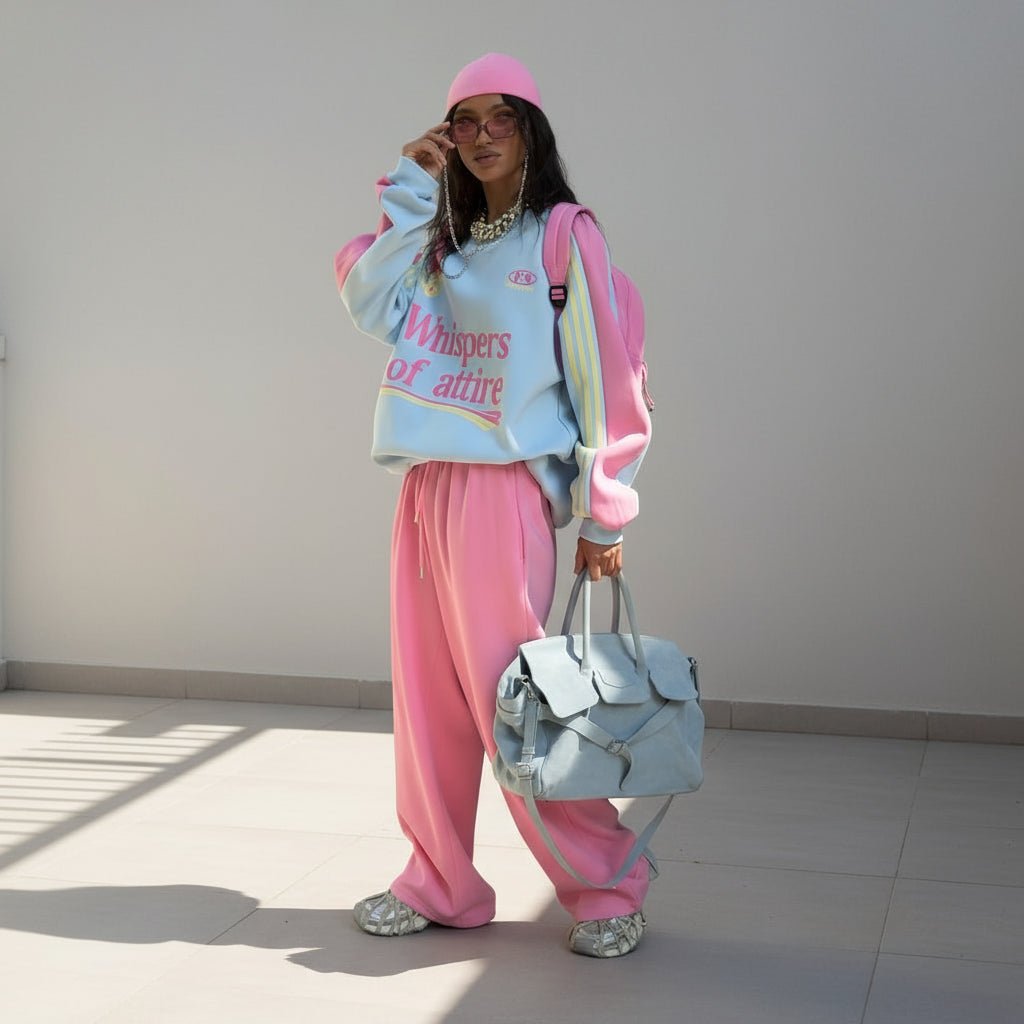 Person wearing a light blue sweatshirt with pink text, pink pants, and holding a matching light blue handbag on a plain background.