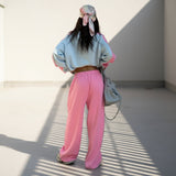 Person wearing a light blue sweatshirt and pink pants with a gray bag on a plain background