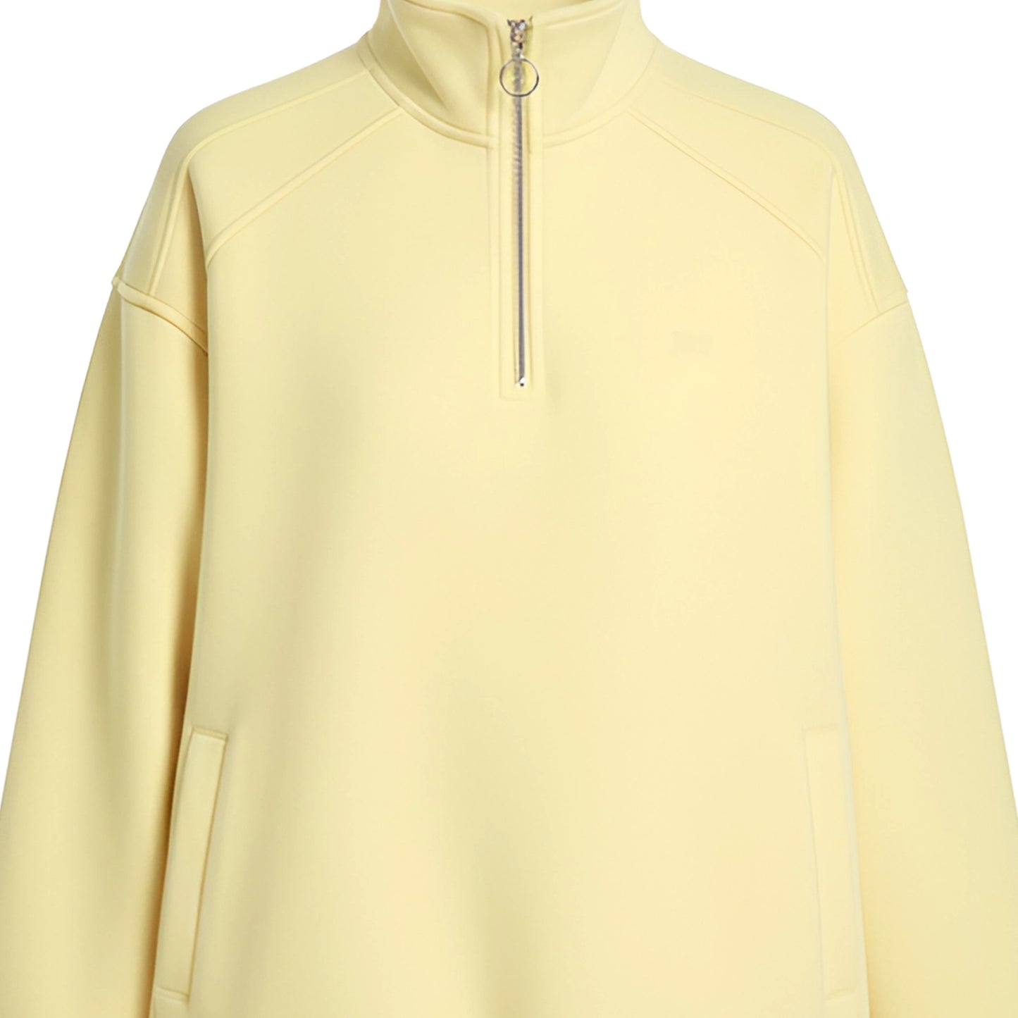  Light yellow sweatshirt with white lettering on sleeves against a white background