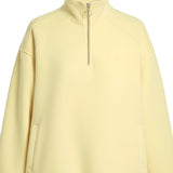  Light yellow sweatshirt with white lettering on sleeves against a white background