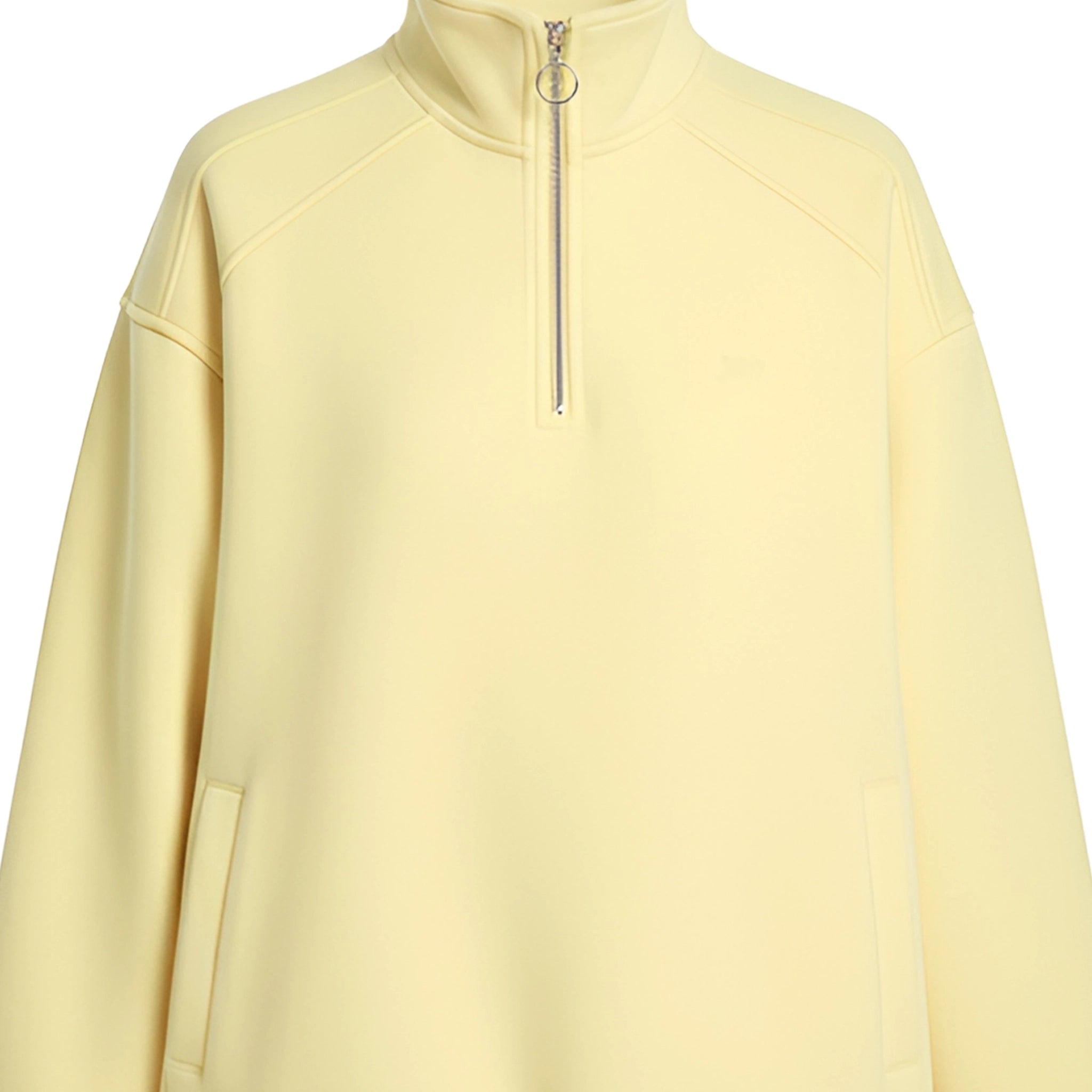  Light yellow sweatshirt with white lettering on sleeves against a white background