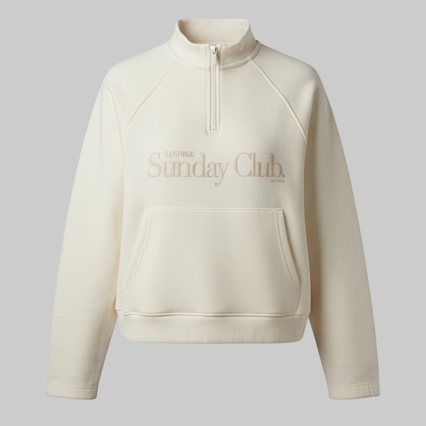 Beige half-zip sweatshirt with 'Lounge Sunday Club' text on a light gray background