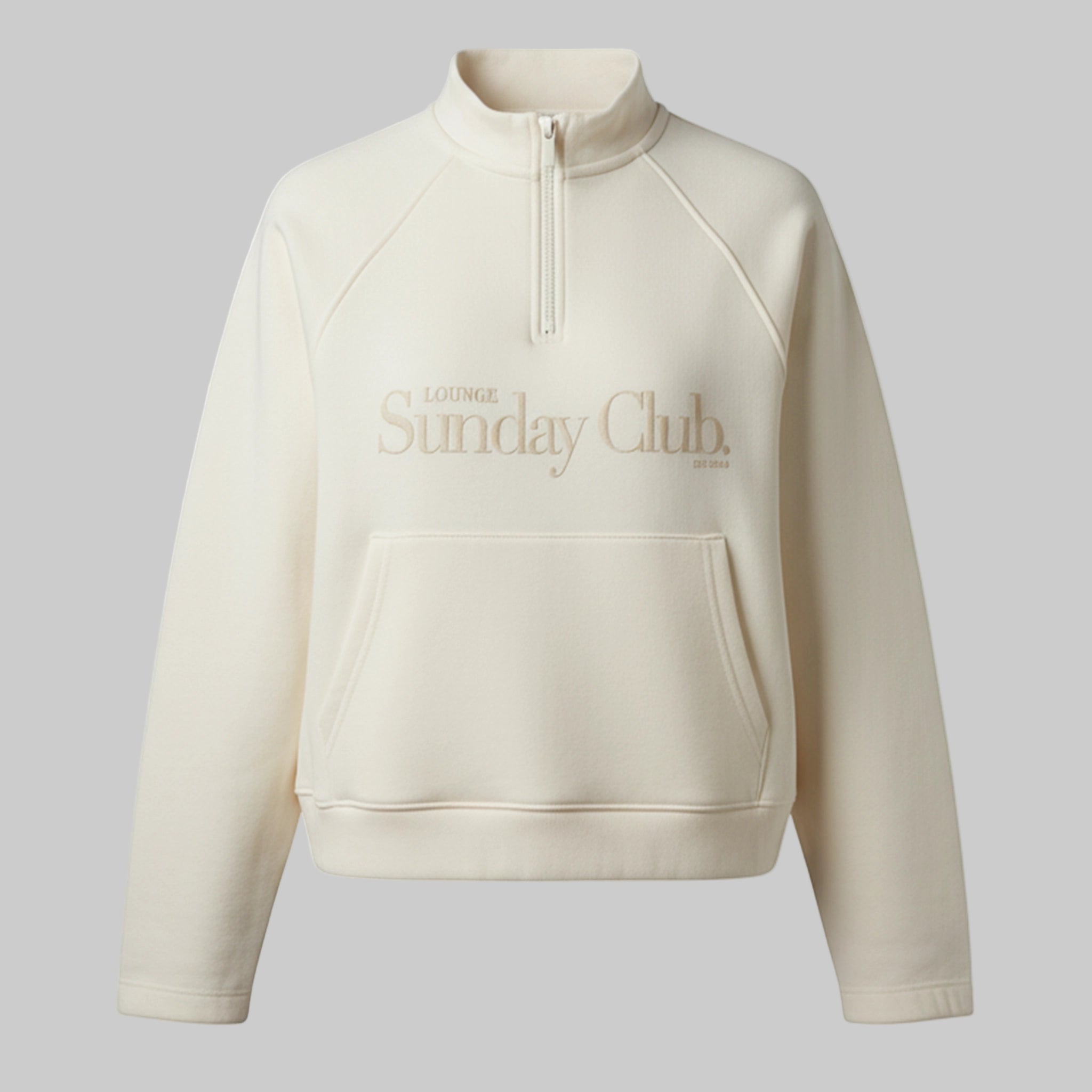 Beige half-zip sweatshirt with 'Lounge Sunday Club' text on a light gray background