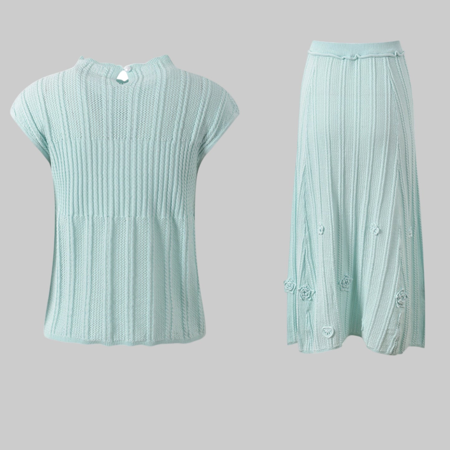 Light blue ribbed sleeveless top and skirt set on a white background