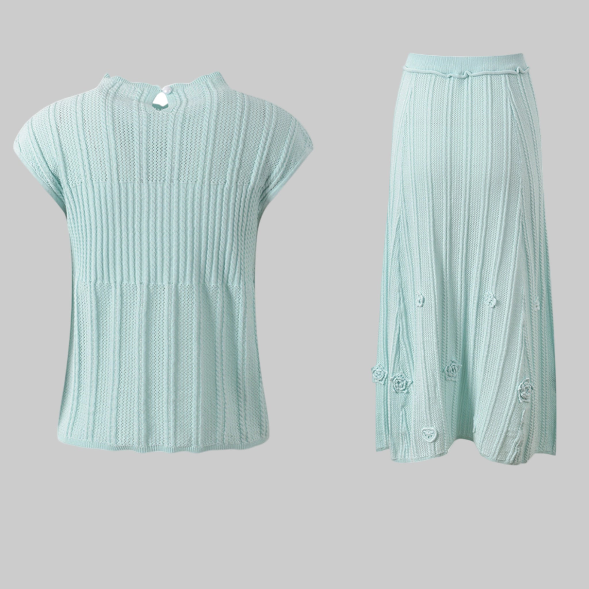 Light blue ribbed sleeveless top and skirt set on a white background