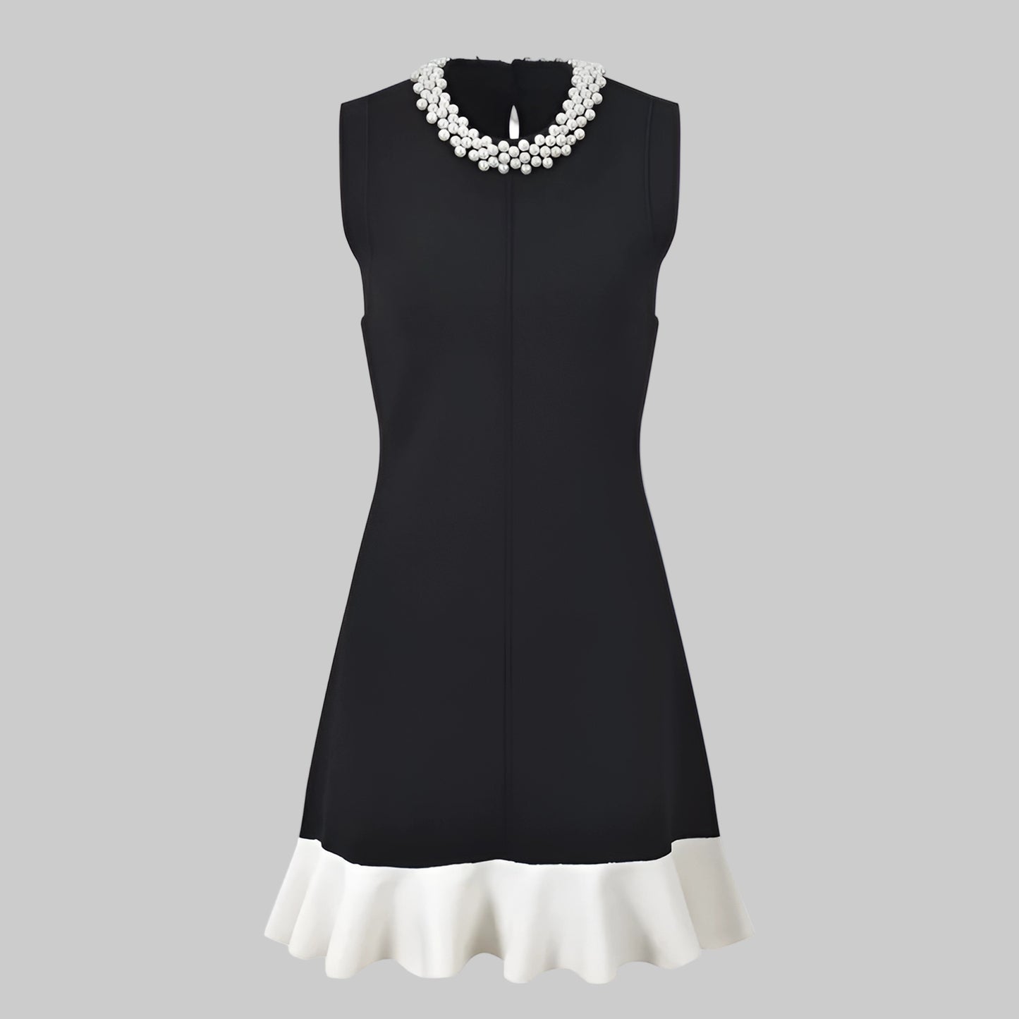 Black dress with white trim on a white background