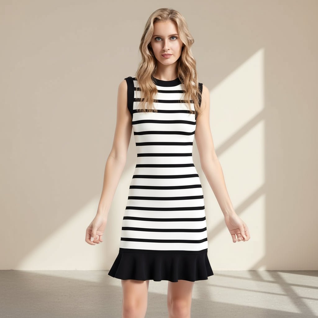 Woman wearing a black and white striped dress on a gray background
