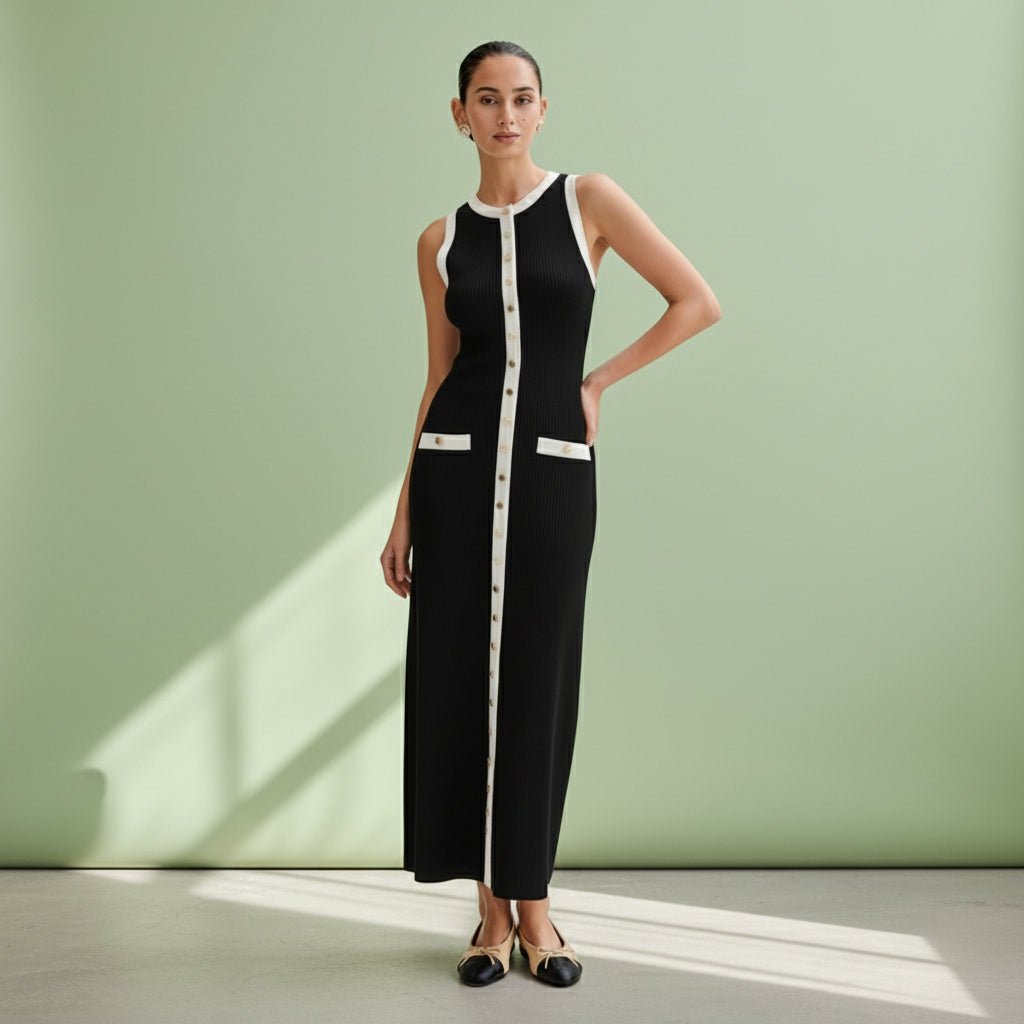 Woman wearing a black dress with white buttons on a gray background