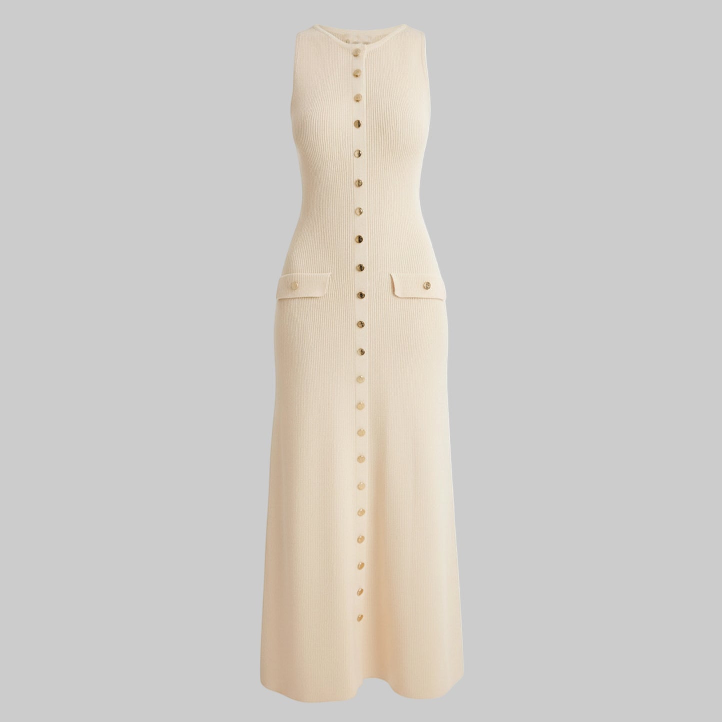 Beige sleeveless dress with button details on a white background
