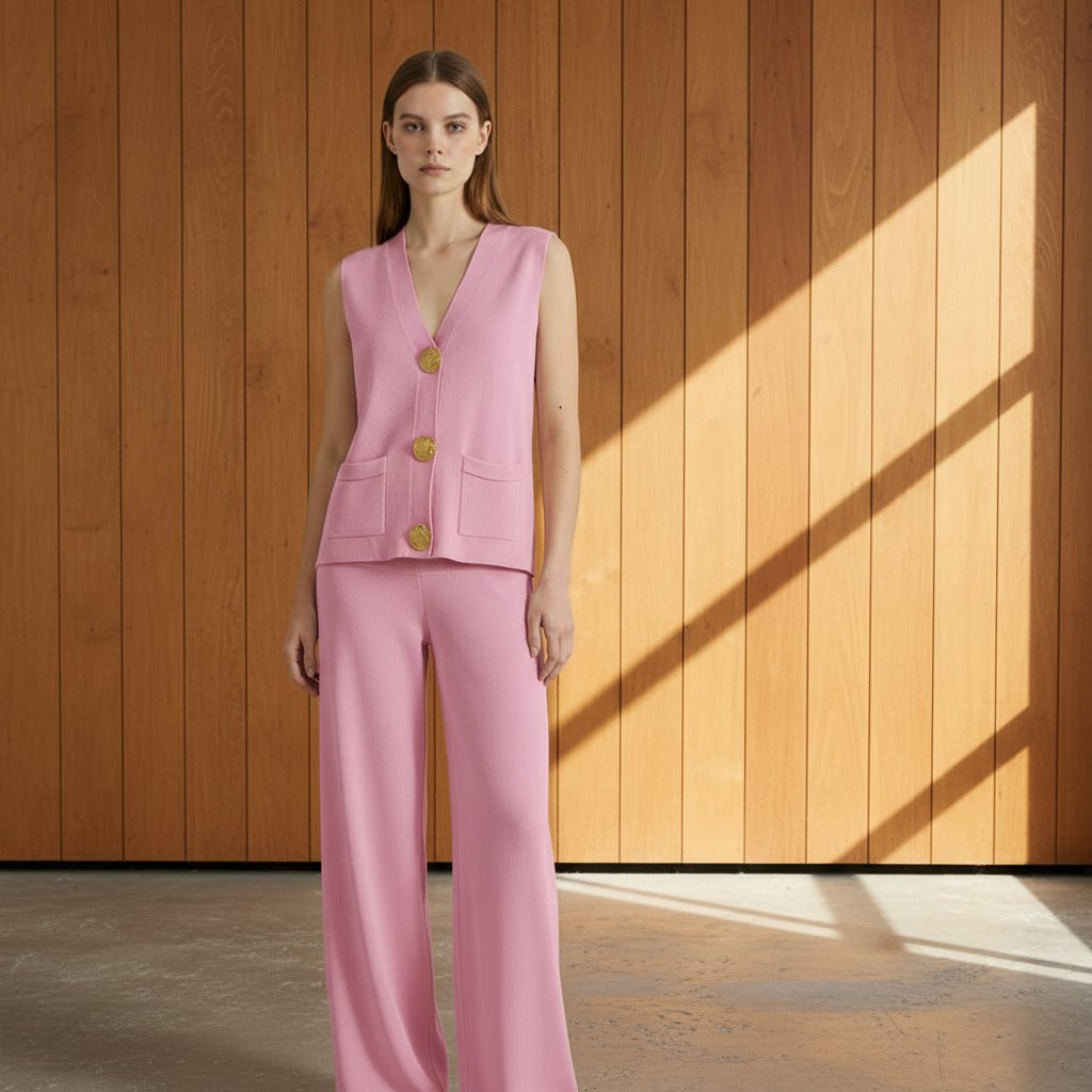 Woman wearing a pink suit with gold buttons on a gray background