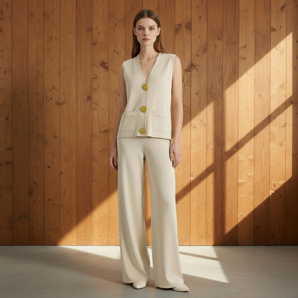 Woman wearing a beige vest and pants set with gold buttons on a light gray background