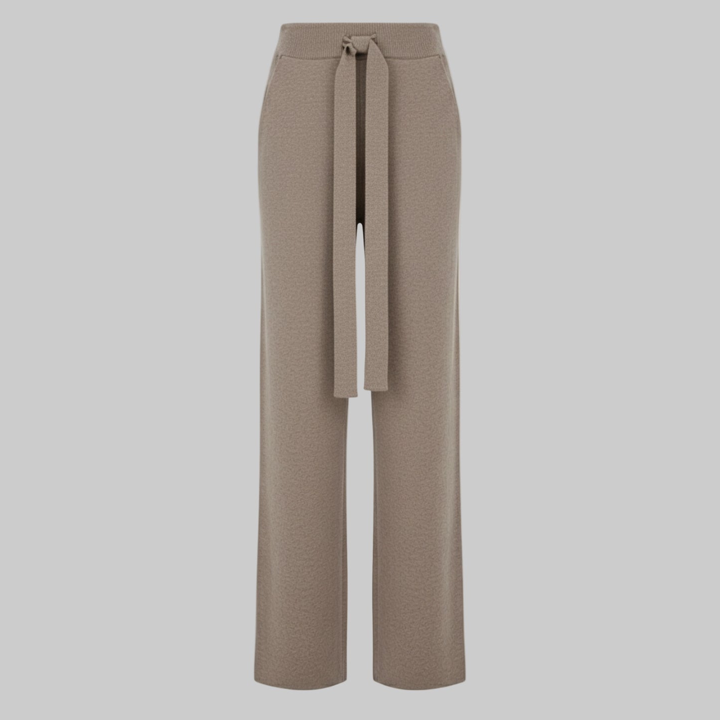Beige wide-leg pants with a tie waist on a white background