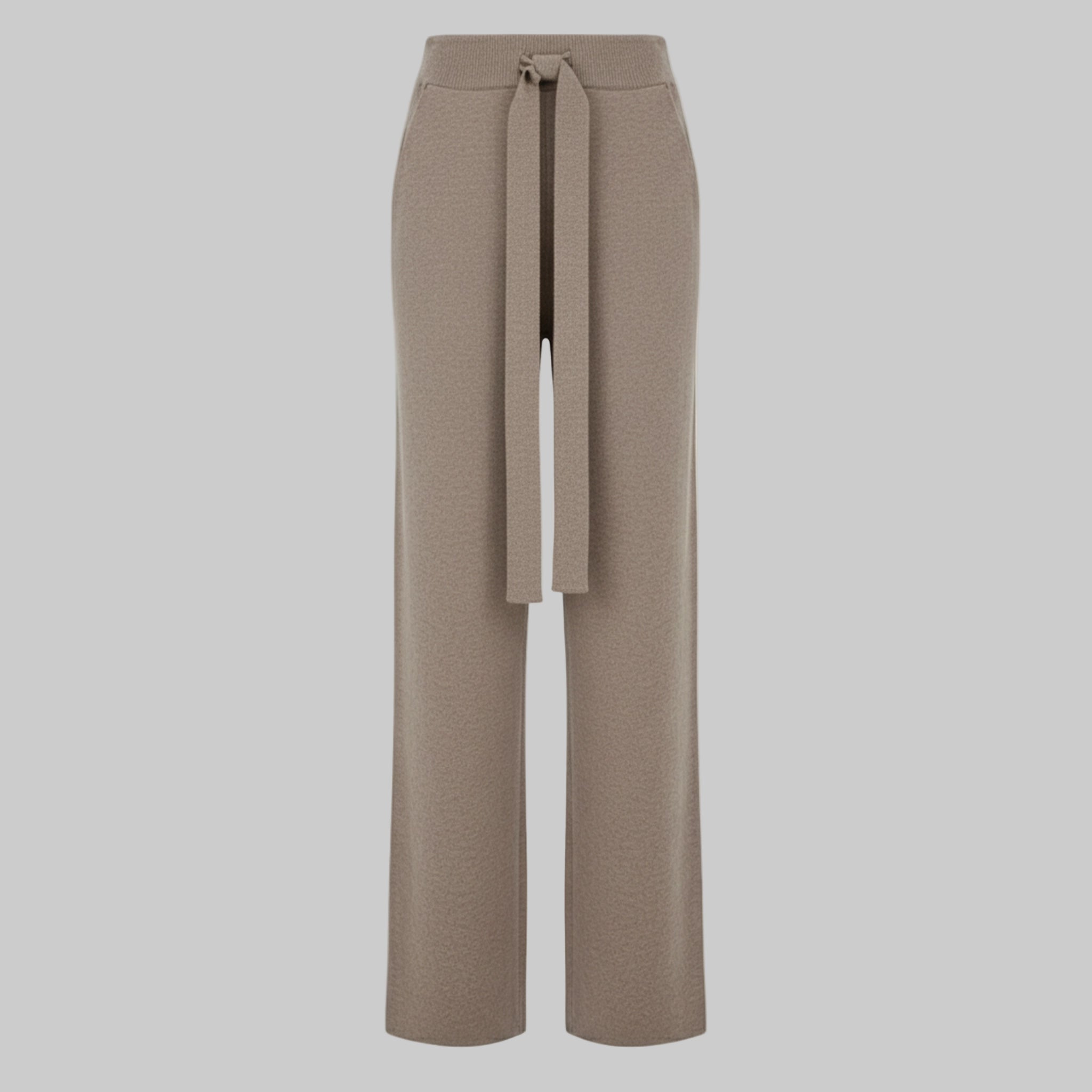Beige wide-leg pants with a tie waist on a white background