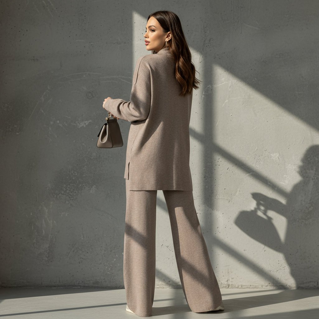 Woman wearing a brown outfit with a matching handbag on a gray background