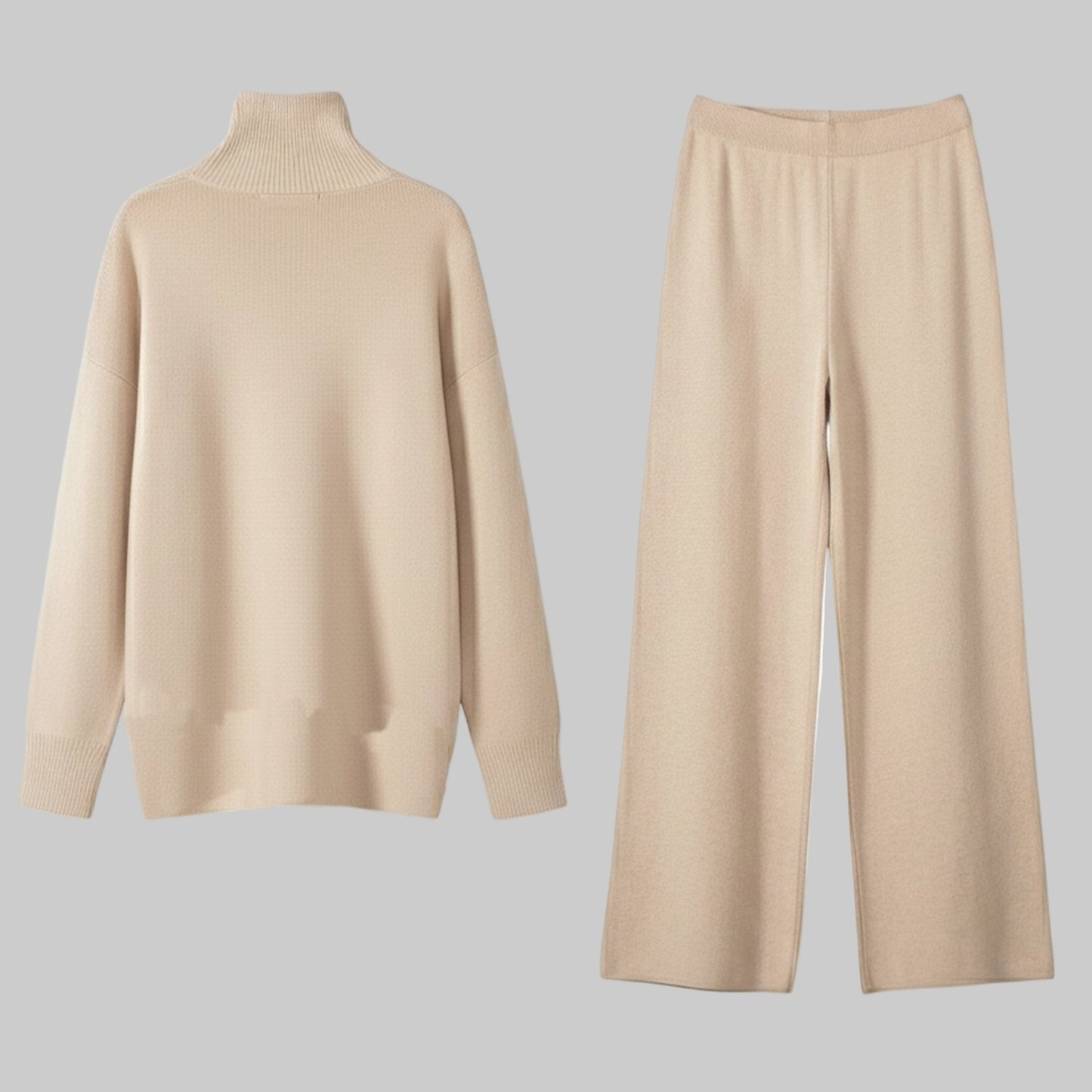 Beige turtleneck sweater and wide-leg pants on a white background