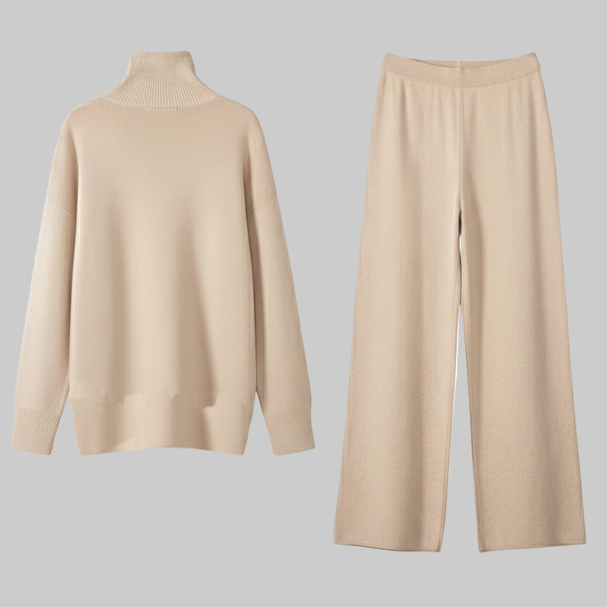 Beige turtleneck sweater and wide-leg pants on a white background