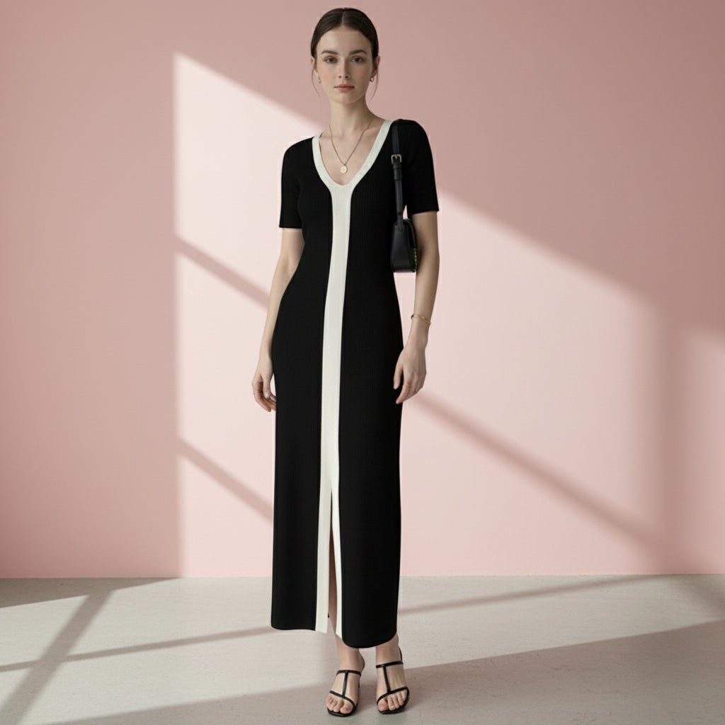 Woman wearing a black and white dress on a gray background