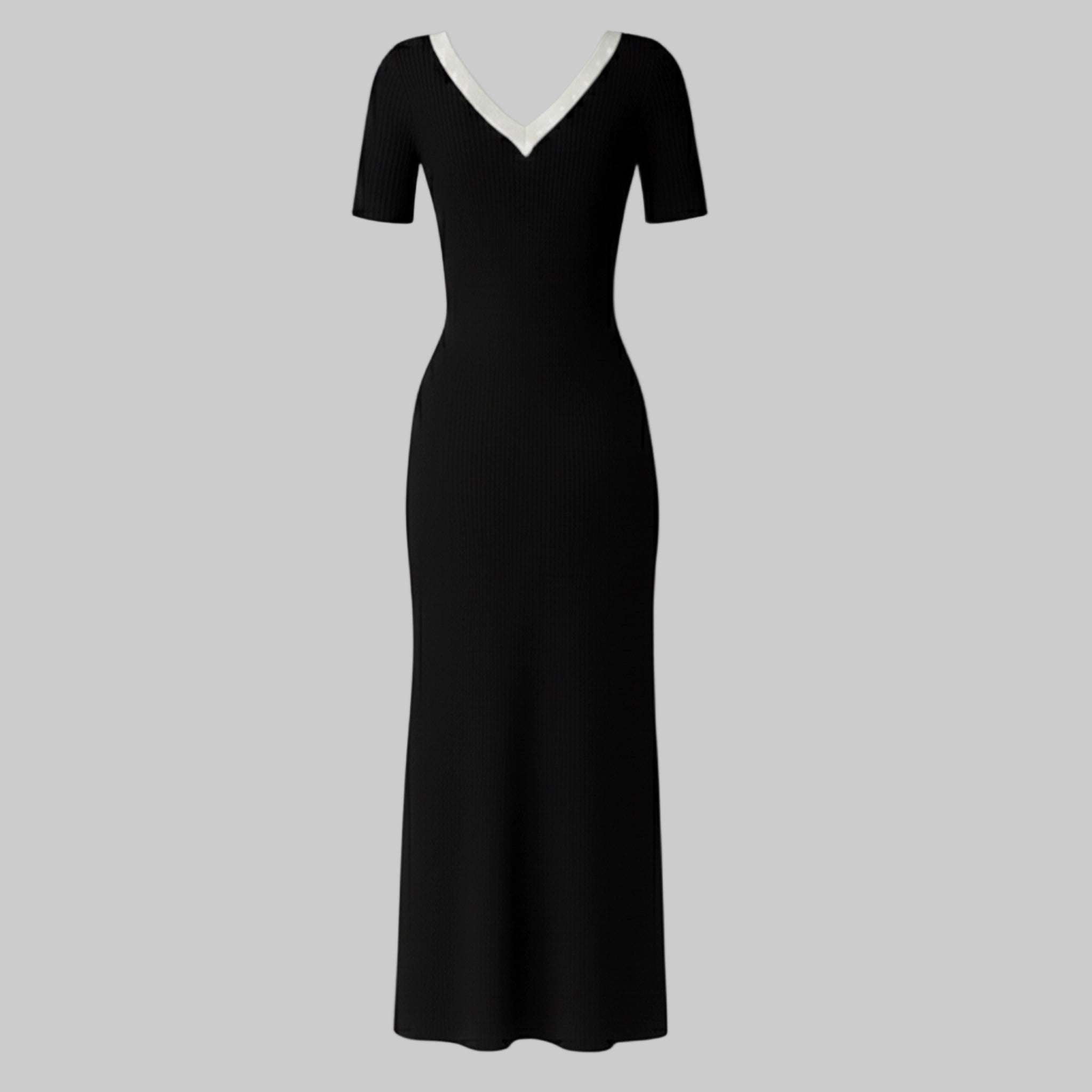 Black evening gown with white neckline on a gray background