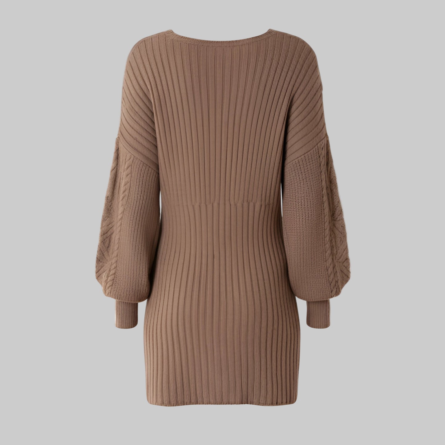 Brown ribbed sweater dress on a white background