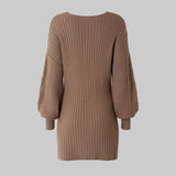 Brown ribbed sweater dress on a white background