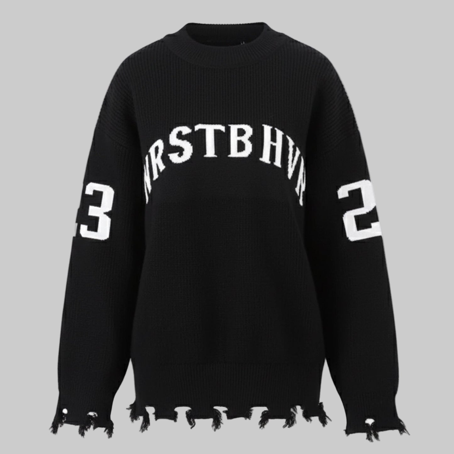 Black sweater with white text and numbers on a white background
