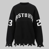 Black sweater with white text and numbers on a white background