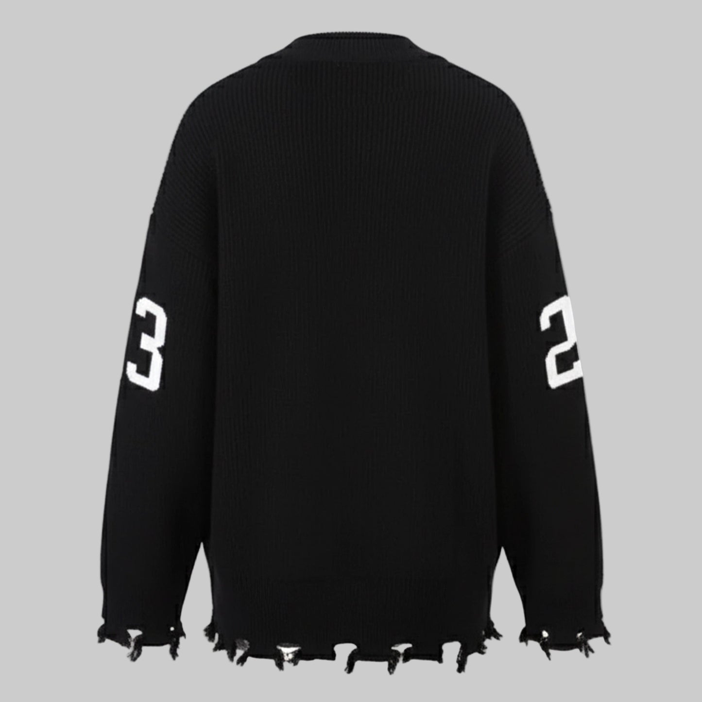 Black sweater with white numbers on a white background