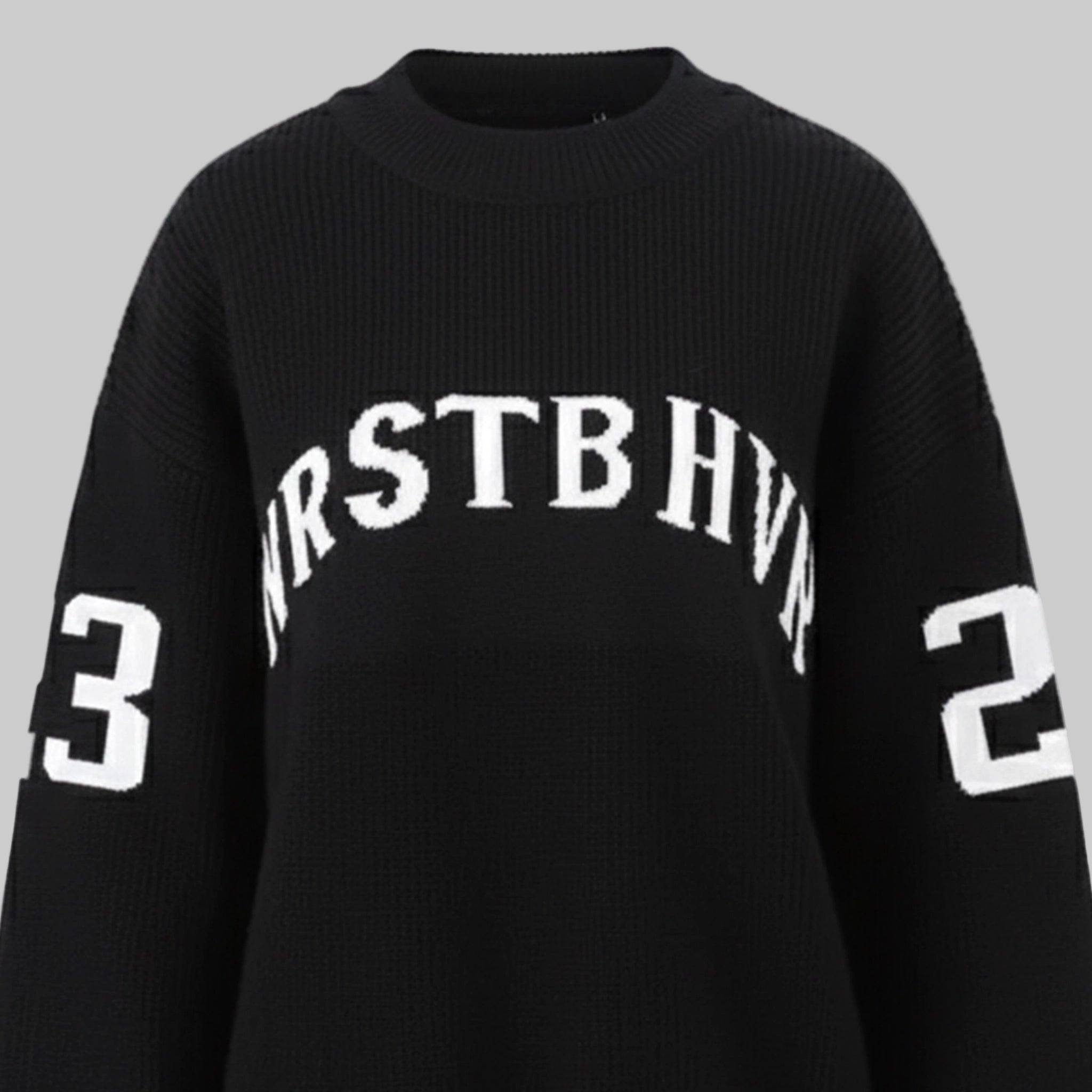 Black sweater with white text and numbers on a white background
