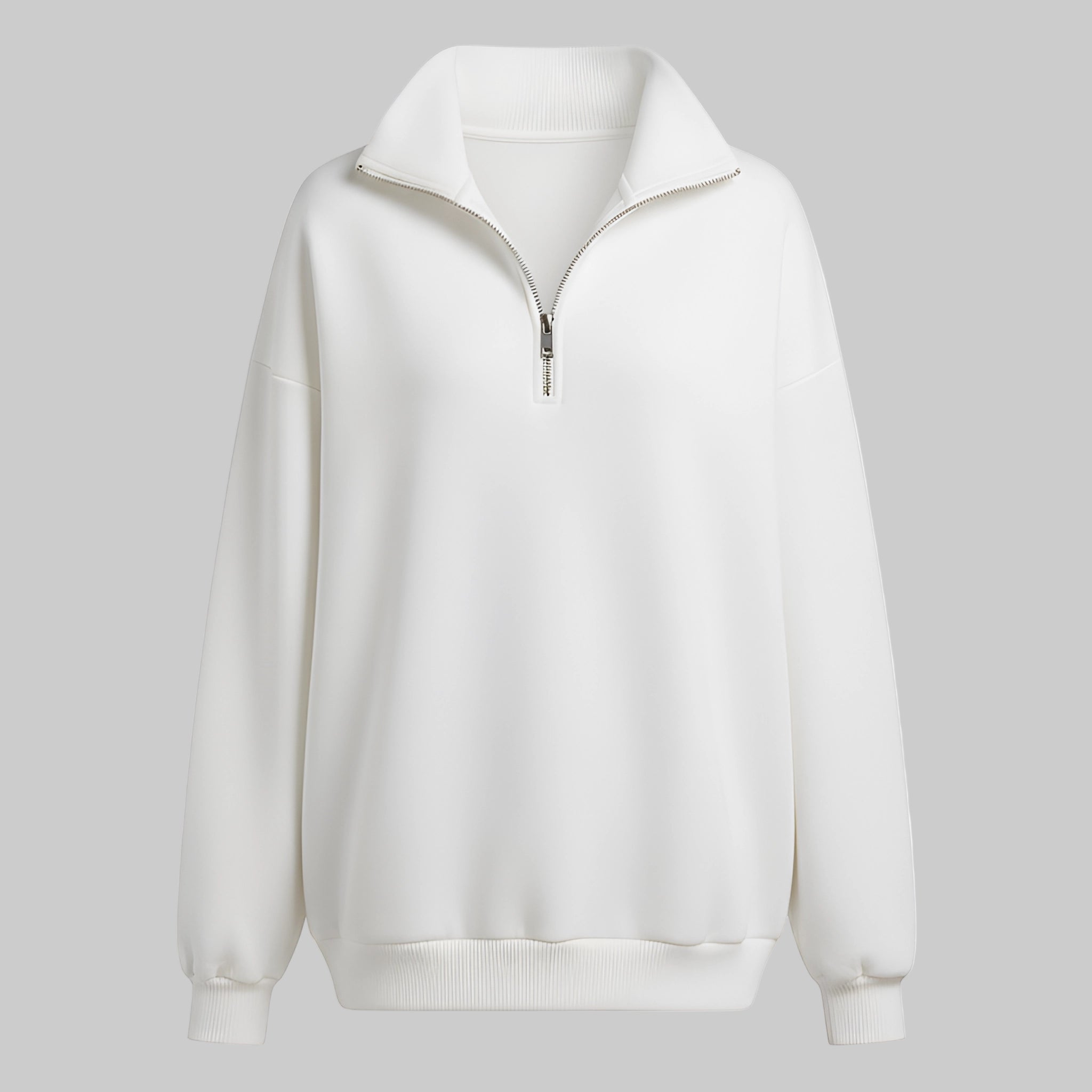 White zip-up sweatshirt on a light gray background